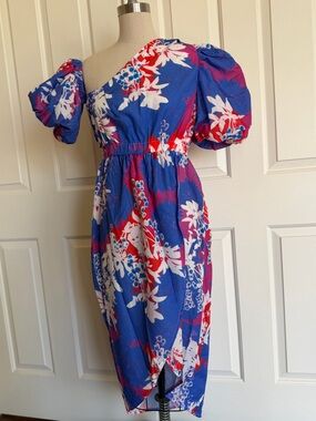 One-Shoulder Puff Sleeve Floral Dress in Blue and White